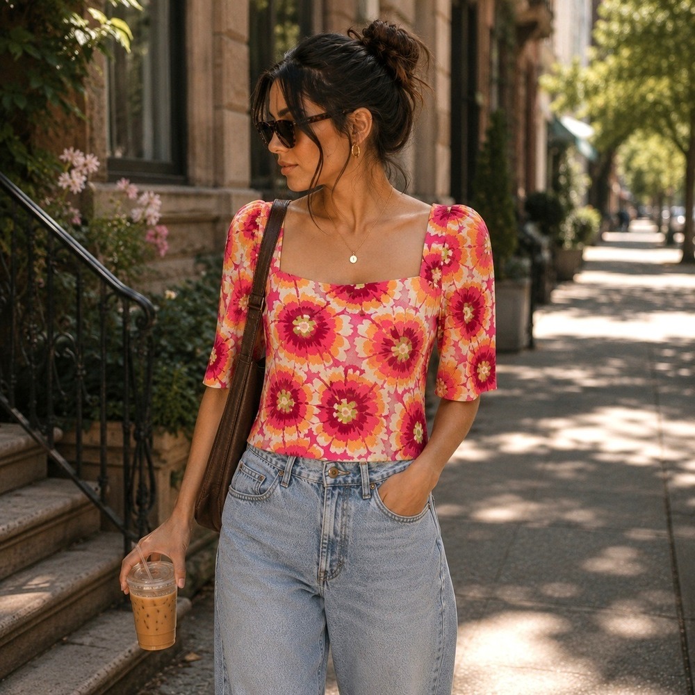Free People Give Me More Crop Top Pink Floral Puff Sleeve Square‎ Neck M Retro